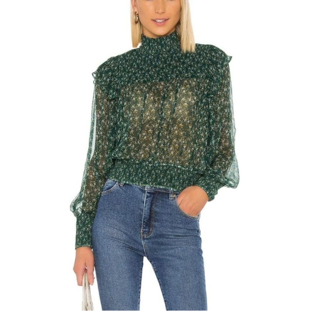 Free People Roma Blouse Forest Green Floral Smocked Top NWT Size XS - Picture 5 of 10